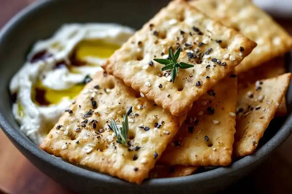 Genius Homemade Cheddar Crackers 2 A plate of delicious homemade cheddar crackers, golden and crunchy.