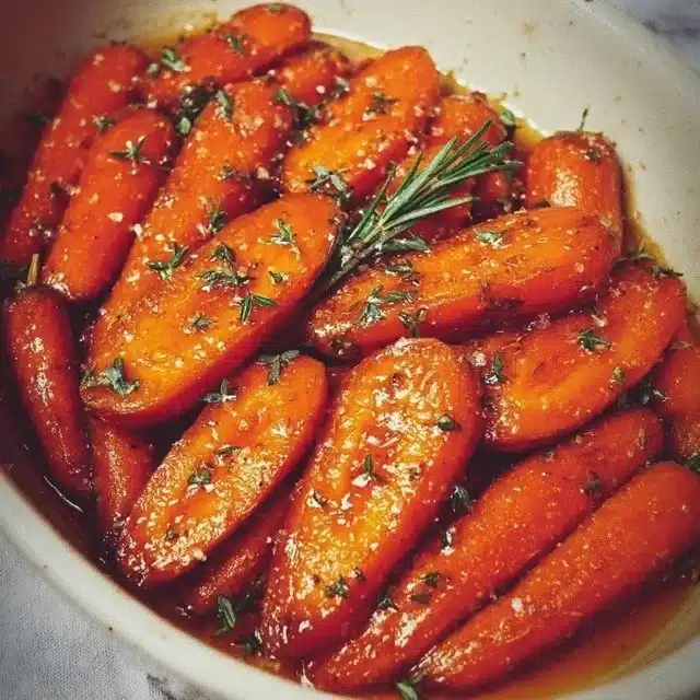 A dish of delicious glazed carrots garnished with herbs.