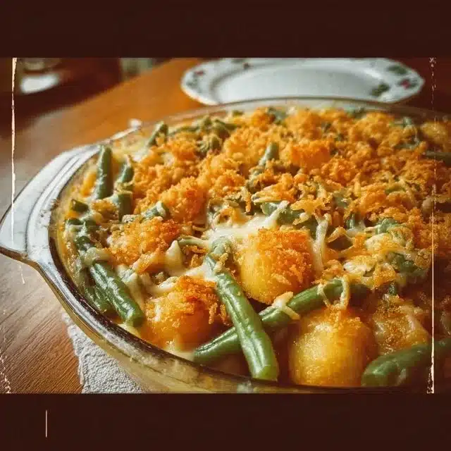 Green bean casserole with potatoes served in a baking dish