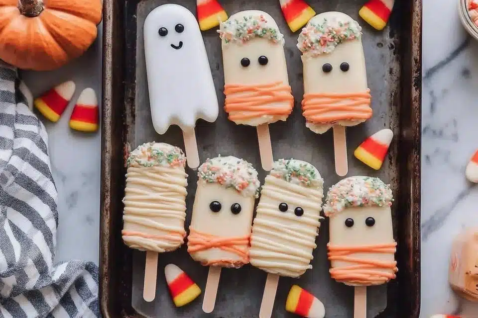 Spooky Halloween banana popsicles shaped like ghosts and pumpkins