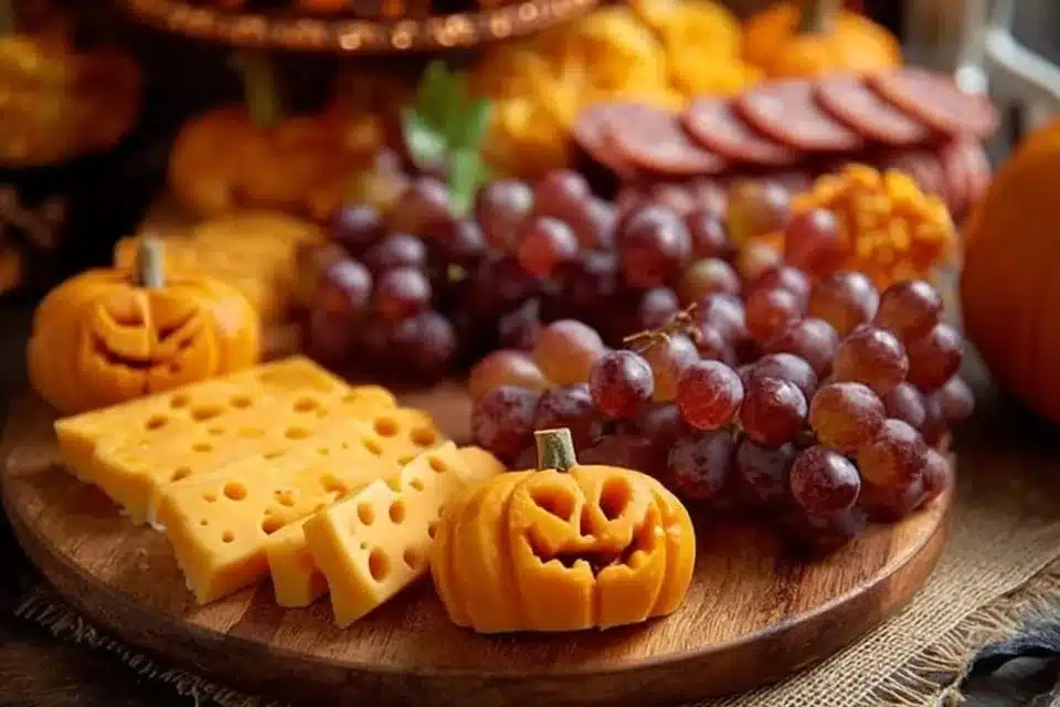 Themed Halloween charcuterie board filled with spooky treats and decorations.