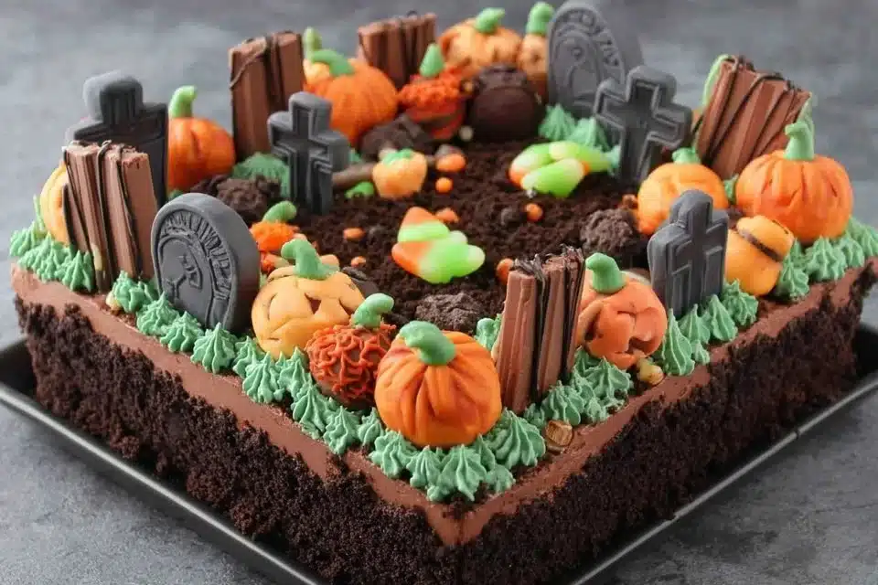 Halloween Graveyard Cake with Oreo Soil and Chocolate Fingers 4 Halloween Graveyard Cake with chocolate fingers and Oreo soil decoration