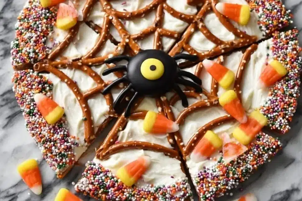 Halloween Pretzel Treats decorated with candy spiderwebs for a festive snack