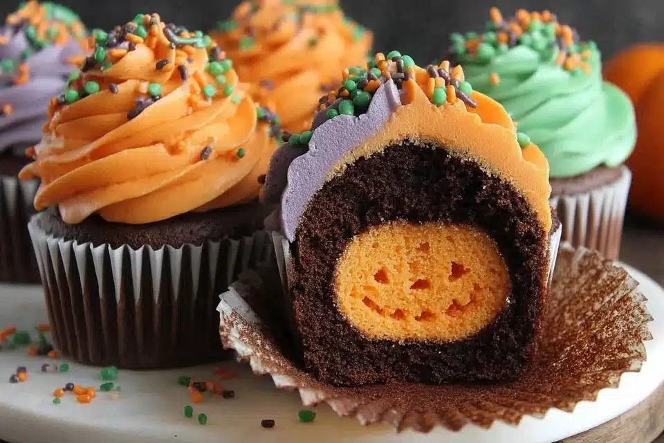 Halloween spider cupcakes decorated with chocolate icing and candy spiders