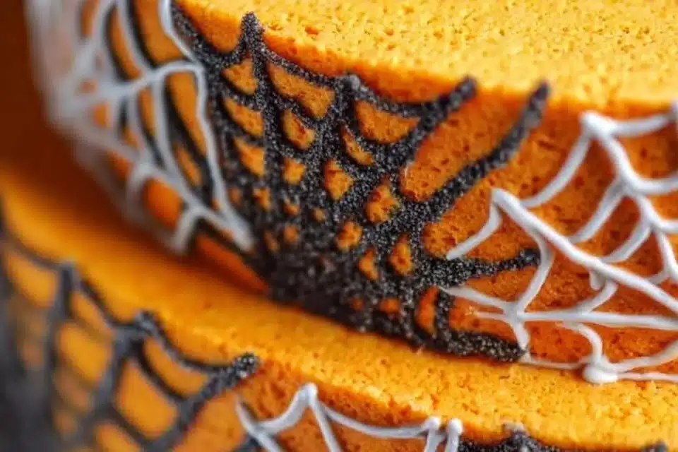 Halloween Spiderweb Cake with Black Cocoa and Orange Buttercream 4 Halloween Spiderweb Cake with black cocoa and orange buttercream decoration