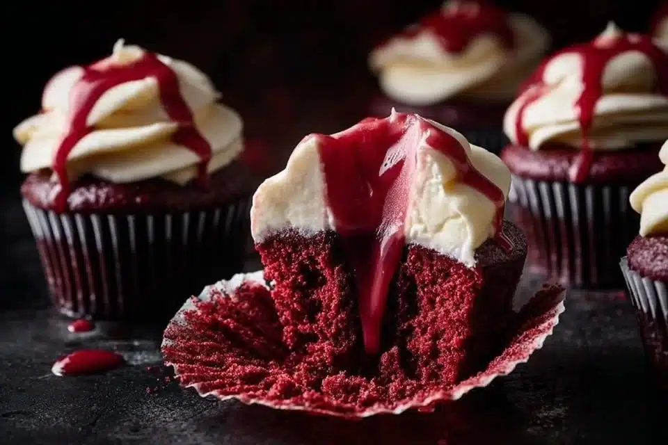 Halloween Vampire Bite Cupcakes with red frosting and bite marks