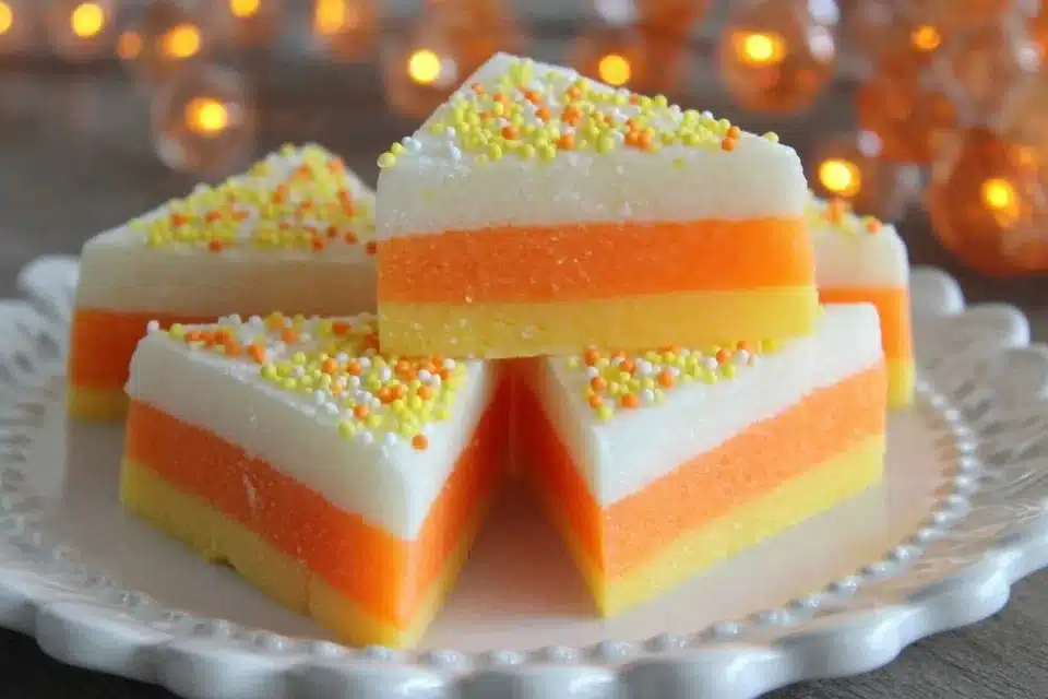 Homemade candy corn sugar cookies arranged on a fall-themed plate