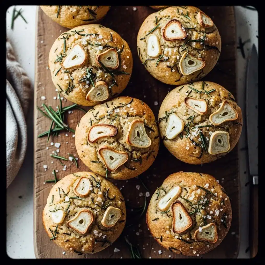 Freshly baked Garlic Rosemary Focaccia Muffins on a rustic wooden table.