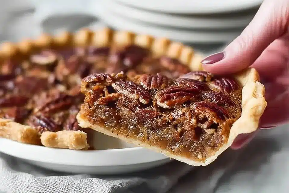 Irresistible Homemade Pecan Pie - No Corn Syrup 2 Homemade pecan pie without corn syrup served on a rustic table.