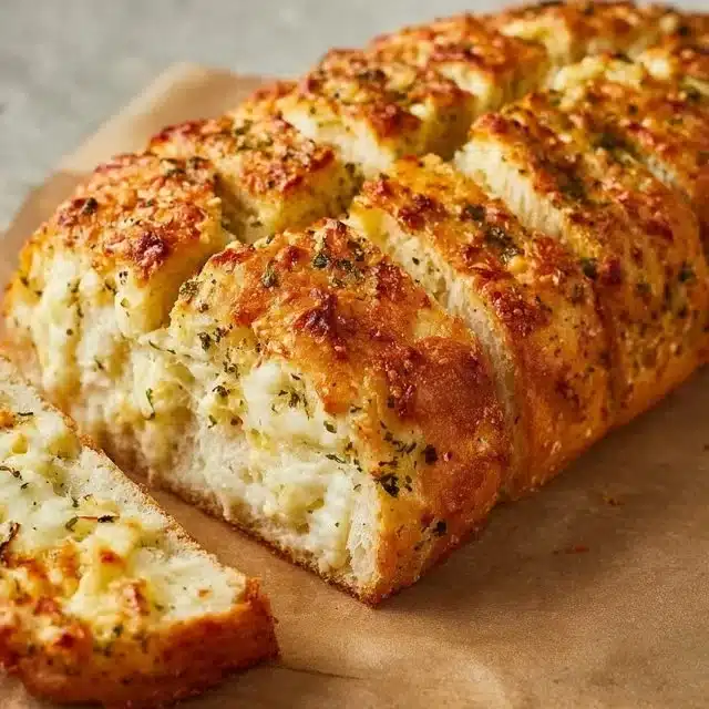 Freshly baked Italian Herb and Cheese Breadwith herbs and gooey cheese
