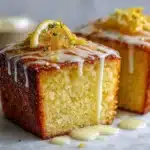 Lemon Cake to Die For loaf sliced beside handwritten recipe card