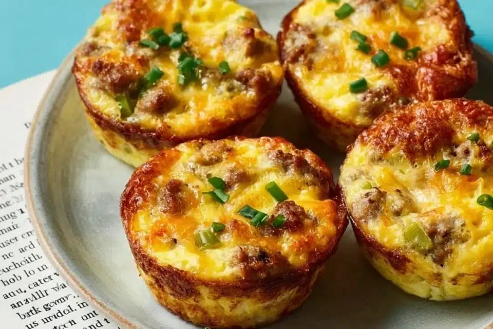 Make-Ahead Scrambled Egg Muffins 2 Make-ahead scrambled egg muffins baked in muffin tin with colorful veggies
