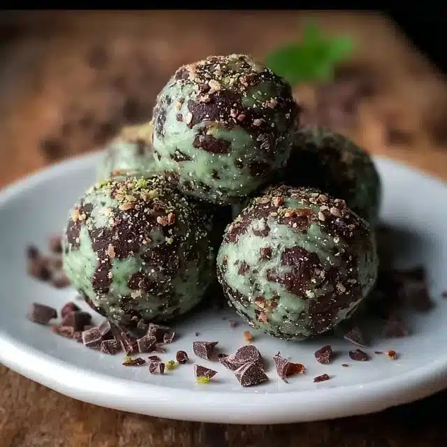 Mint chocolate chip protein balls on a wooden table