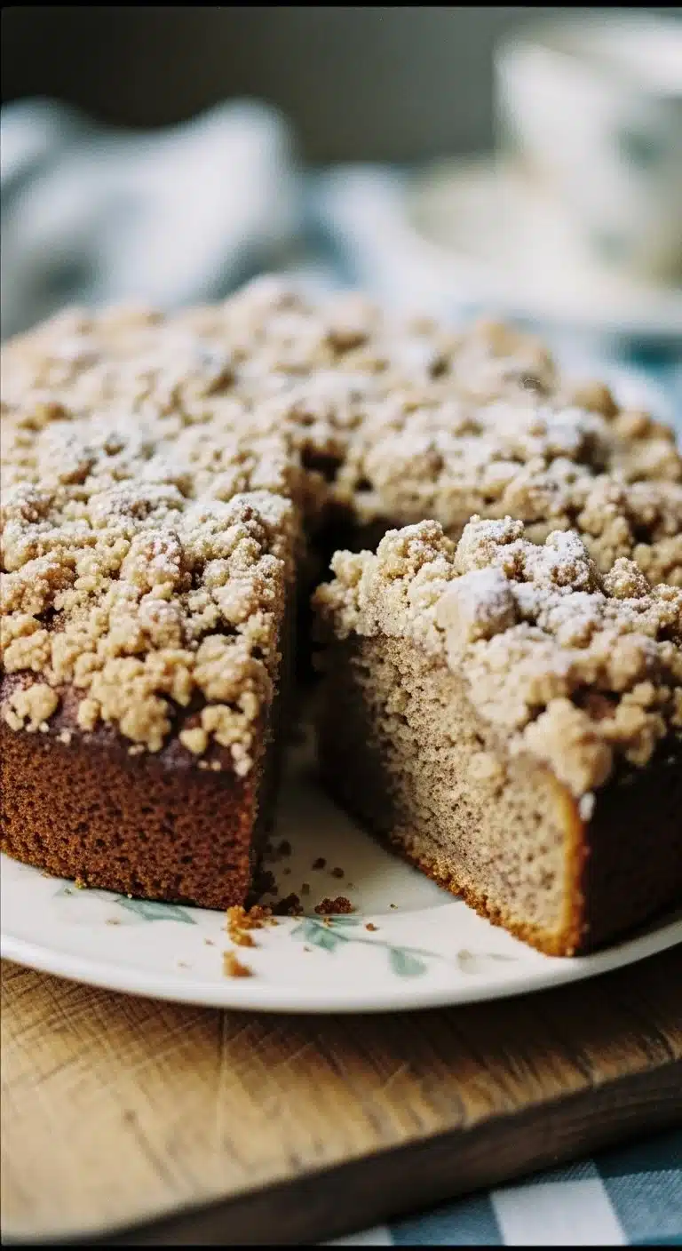 Moist banana coffee cake topped with crumb, ready to serve and enjoy