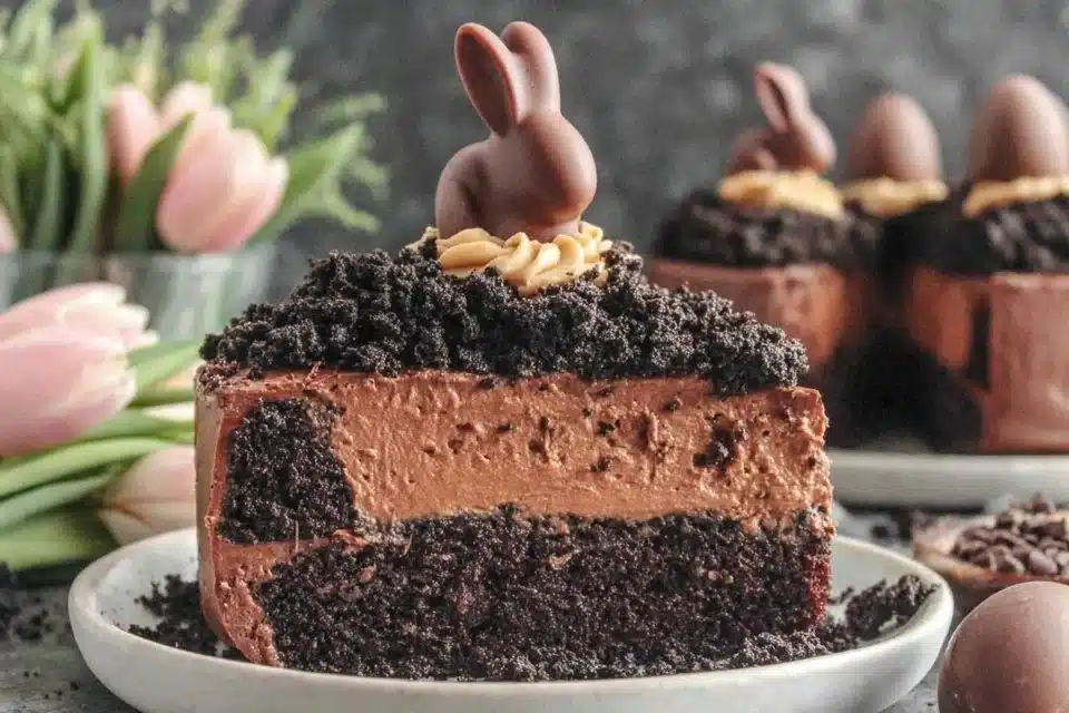 Moist chocolate bunny cake with creamy cocoa frosting, perfect for Easter desserts.
