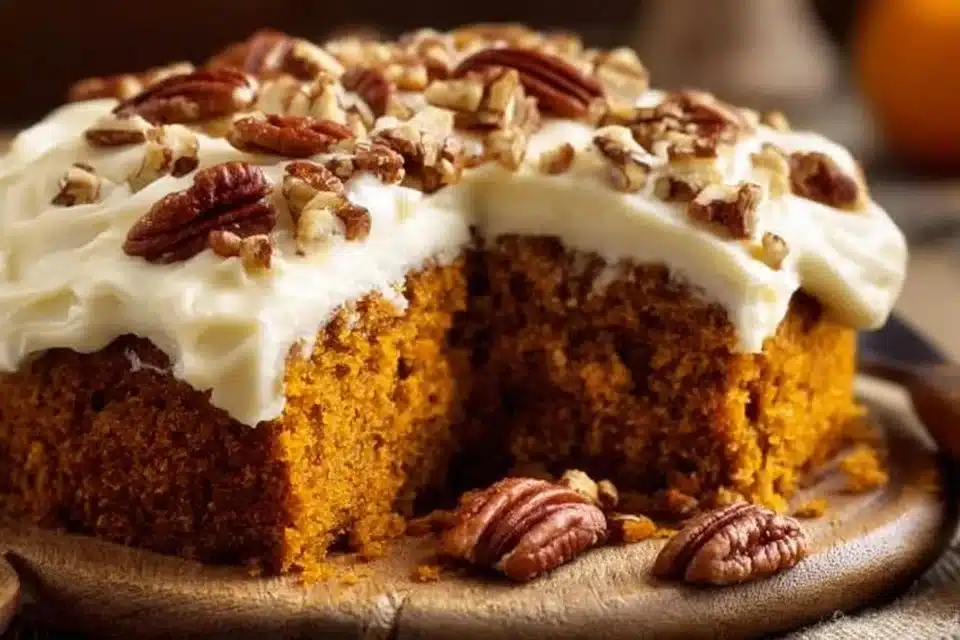 Moist pumpkin cake with rich maple cream cheese frosting on a wooden table