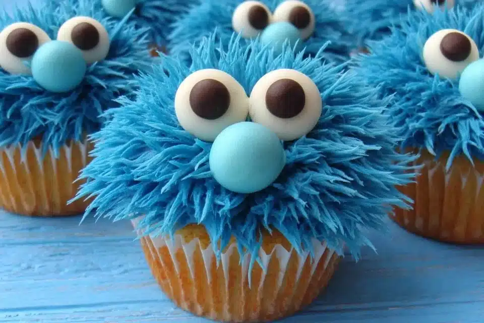 Colorful Monster Cupcakes decorated with frosting and candy eyes