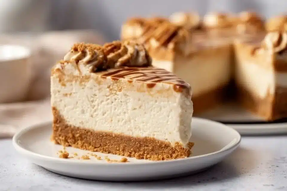 Delicious no bake Biscoff cheesecake topped with Biscoff cookie crumbles