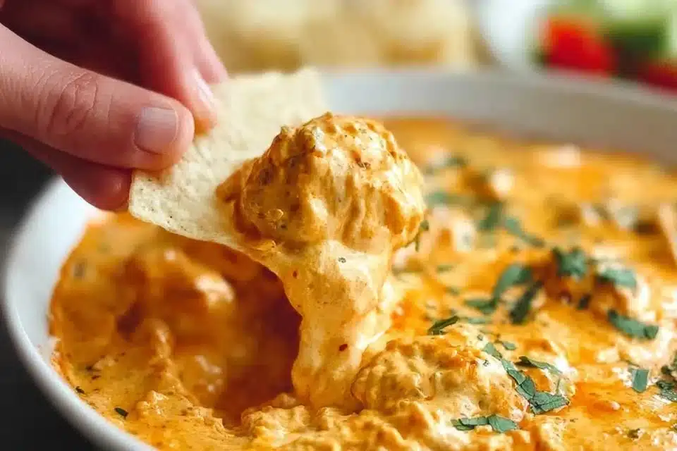 Delicious Oven Buffalo Chicken Dip served in a warm dish with chips.