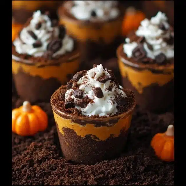 Pumpkin Patch Dirt Cups 1 Pumpkin Patch Dirt Cups with chocolate and candy decorations for Halloween