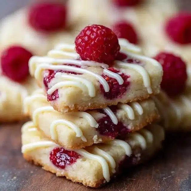 Raspberry Shortbread Cookies: 1 Irresistible Recipe with White Chocolate 3 Raspberry shortbread cookies topped with white chocolate drizzle on a plate