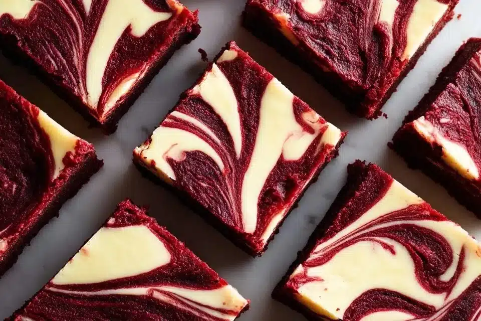 Delicious red velvet cheesecake brownies with creamy frosting and chocolate drizzle