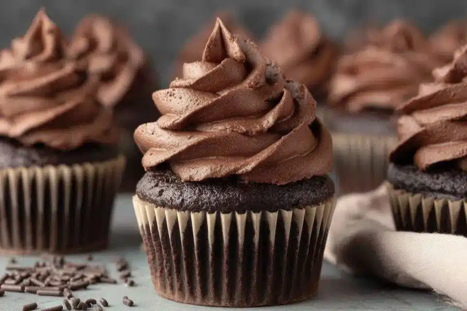 Rich and Moist Devil’s Food Cupcakes with Chocolate Fudge Frosting 4 Delicious devil's food cupcakes with chocolate fudge frosting, perfect for dessert.