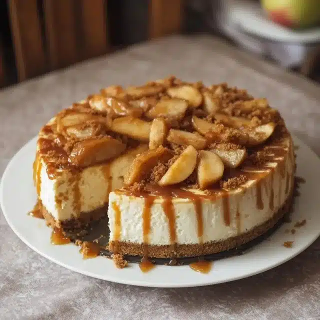 Salted caramel apple pie cheesecake topped with caramel drizzle and apple slices