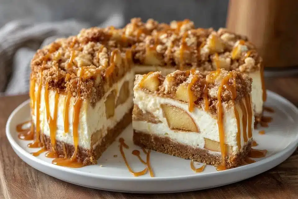 Salted Caramel Apple Pie Cheesecake First Tastes 2 Salted caramel apple pie cheesecake topped with caramel drizzle and apple slices