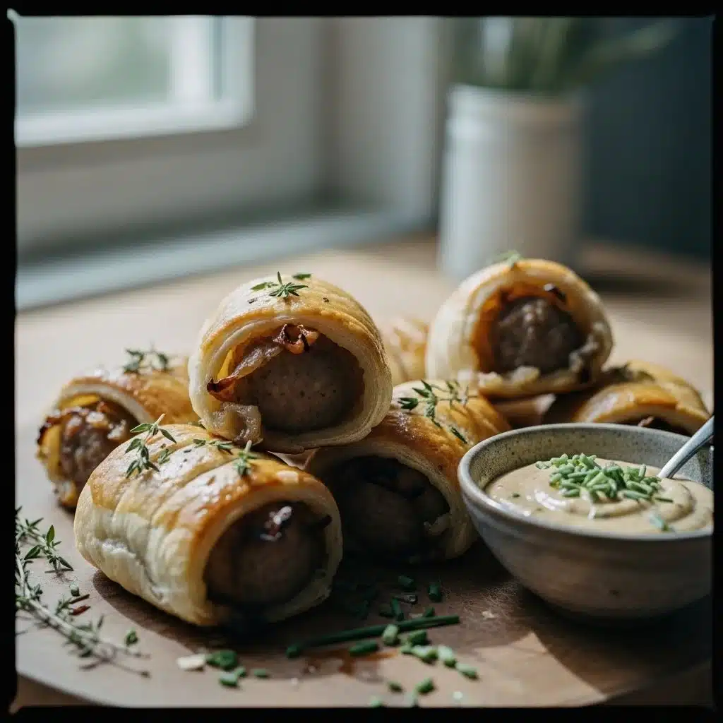 Savory French onion sausage rolls garnished with herbs on a wooden platter