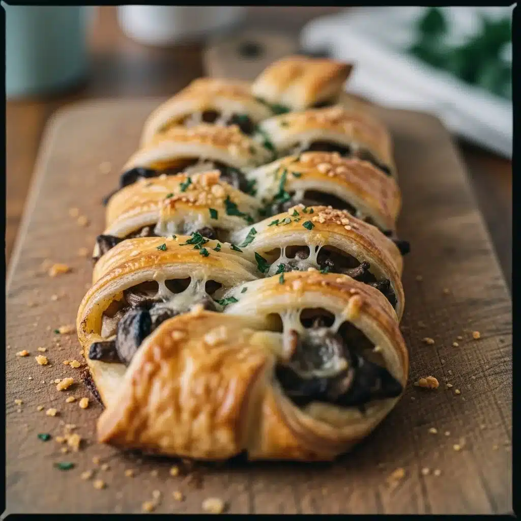 Savory mushroom and Gruyère puff pastry braid on a wooden board