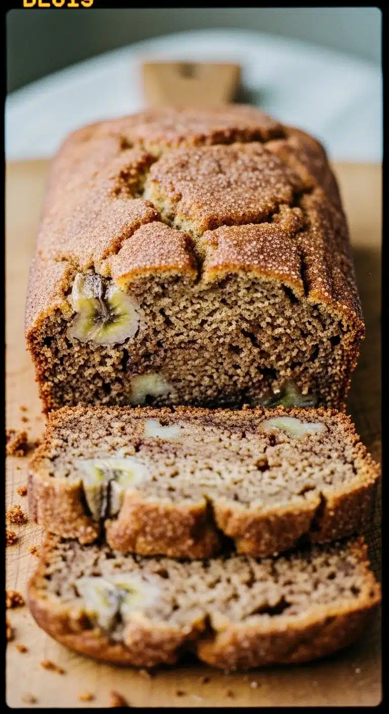 Delicious freshly baked snickerdoodle banana bread topped with cinnamon sugar