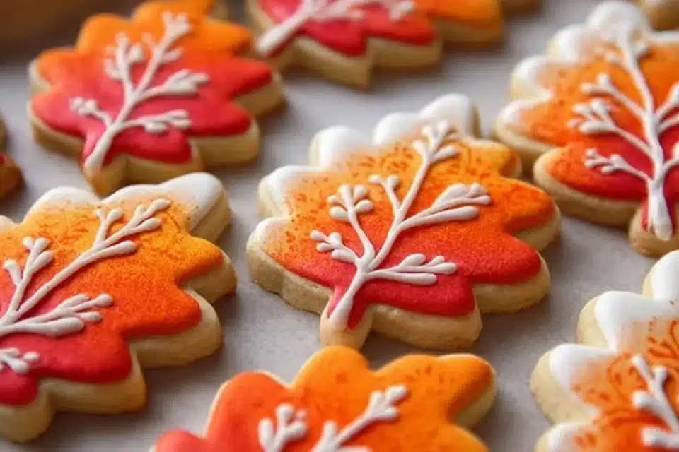 5 Delicious Soft Fall Leaf Sugar Cookies with Marbled Colors 4 Soft fall leaf sugar cookies with marbled colors, perfect for autumn.