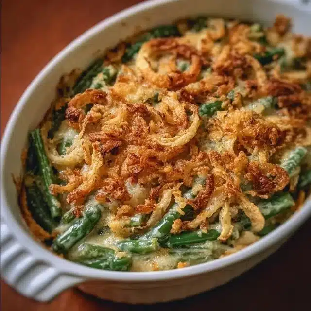 Delicious Southern green bean casserole with crispy topping on a serving dish.