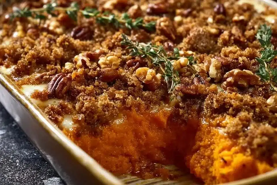 Southern Maple Sweet Potato Casserole 2 Delicious Southern Maple Sweet Potato Casserole topped with crunchy pecans.