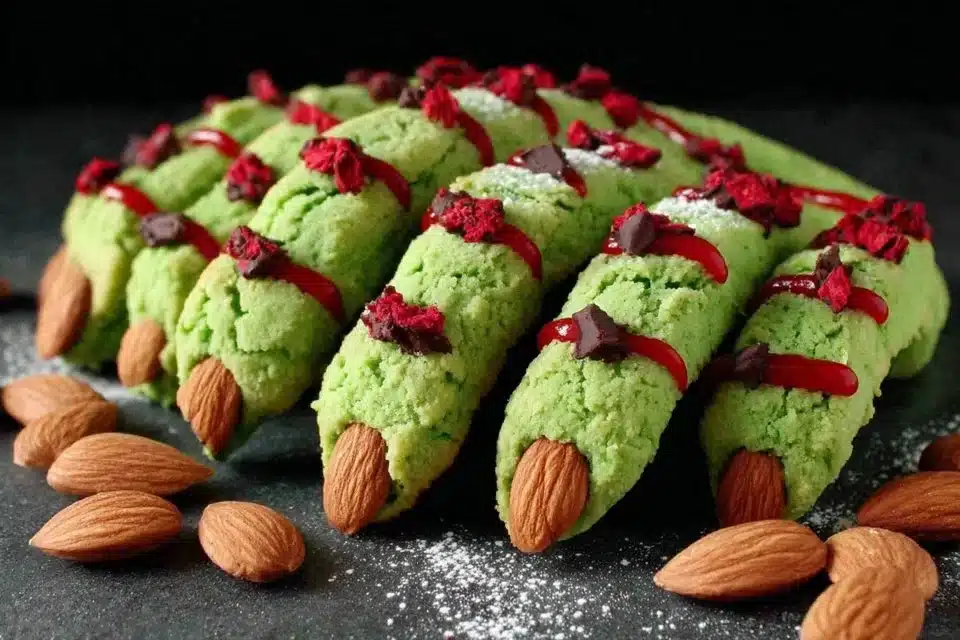 Spooky Witch Finger Cookies with Jam Filling 4 Spooky witch finger cookies with jam filling on a decorative plate for Halloween
