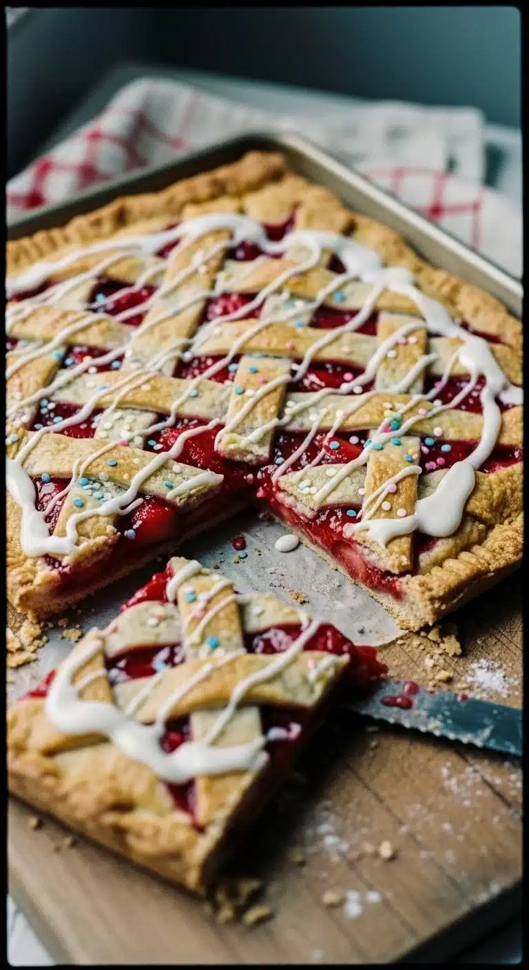 Delicious Strawberry Pop Tart Slab Pie with flaky crust and vibrant strawberry filling