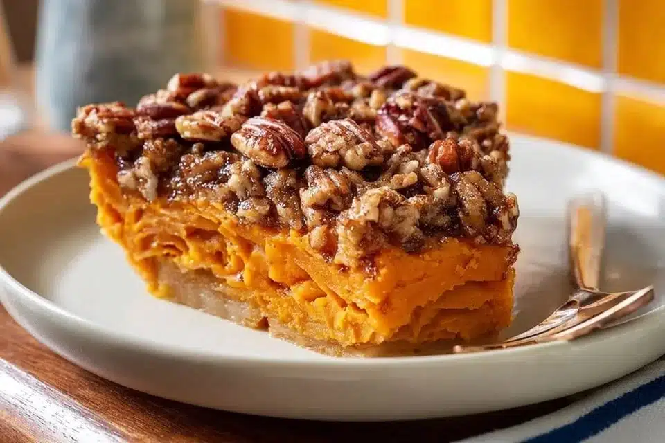 Delicious sweet potato casserole topped with marshmallows and pecans