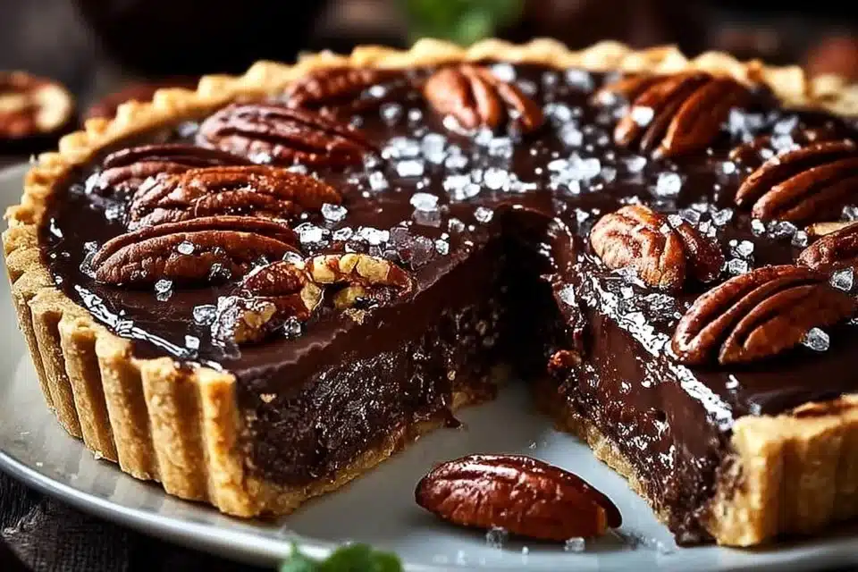 Texas Chocolate Pecan Pie 2 Delicious Texas chocolate pecan pie topped with pecans and chocolate drizzle