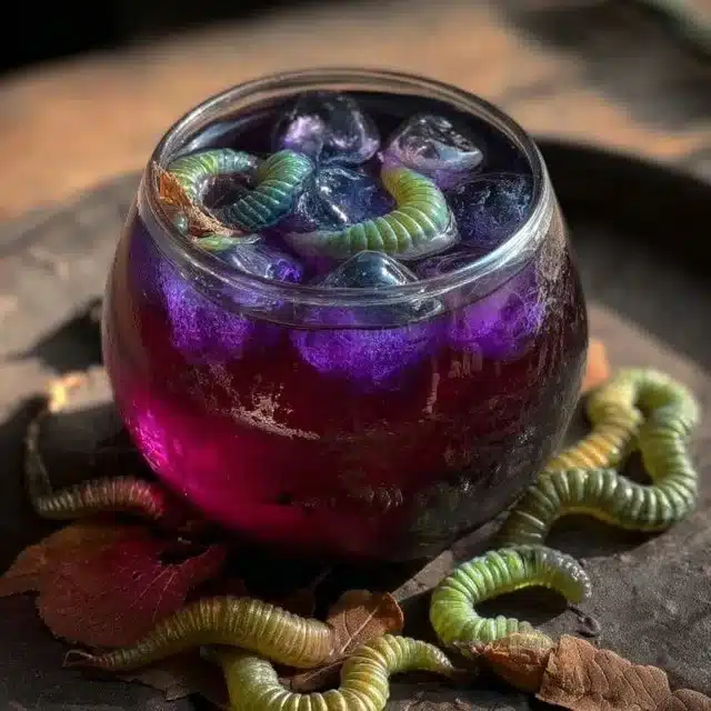 Witch's Potion Punch in a spooky glass with colorful ingredients