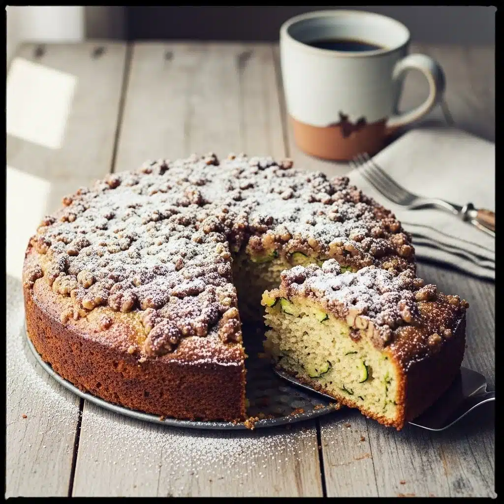 Slice of homemade Zucchini Coffee Cake on a plate with coffee