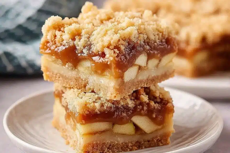 1 Easy Recipe for Apple Pie Bars with Crumbly Streusel Topping 4 Delicious apple pie bars topped with crunchy streusel on a white plate
