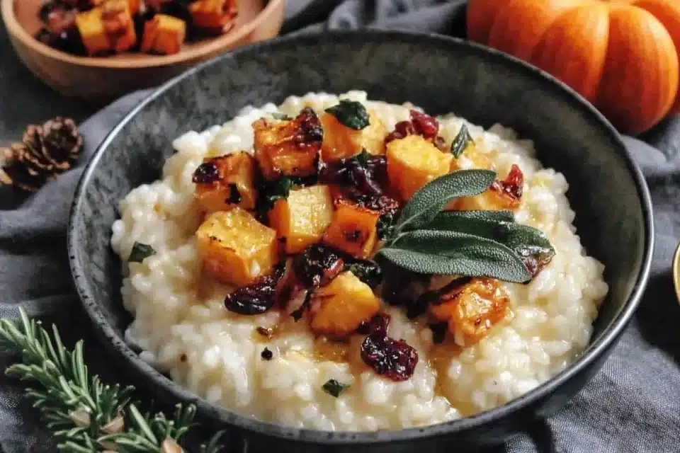 Creamy Autumn Roasted Squash Risotto garnished with fresh herbs