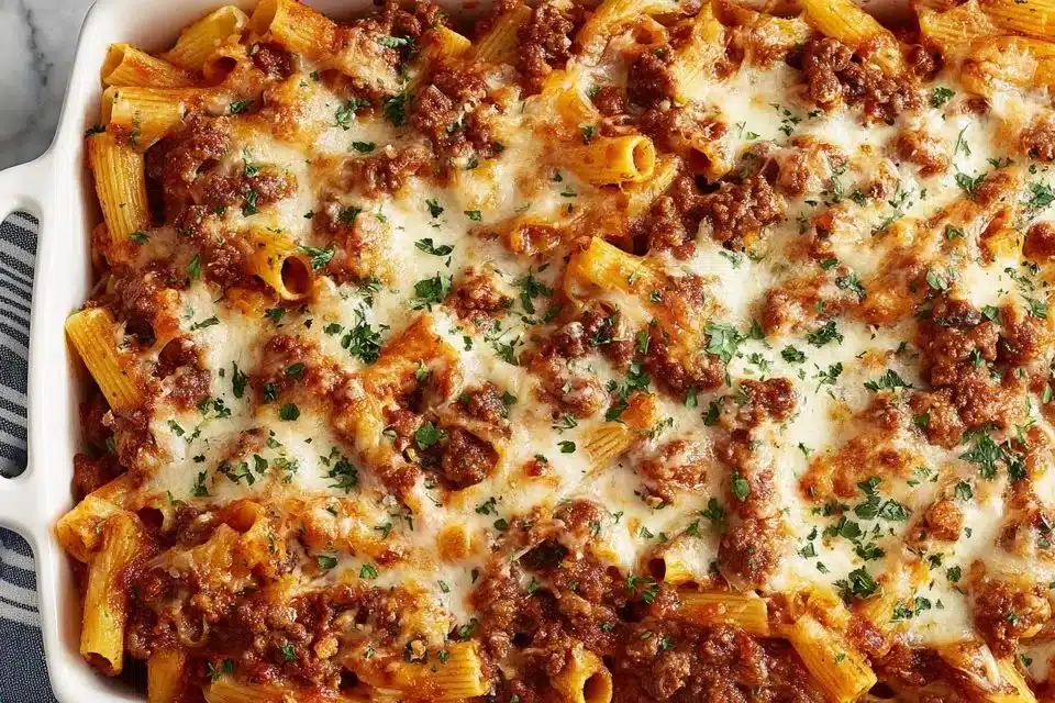 Baked ziti with Italian sausage served in a rustic dish