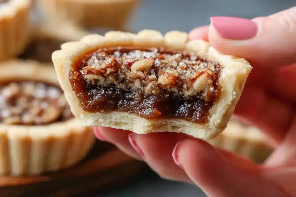 Bite-sized mini pecan tarts with soft cookie crust displayed on a plate