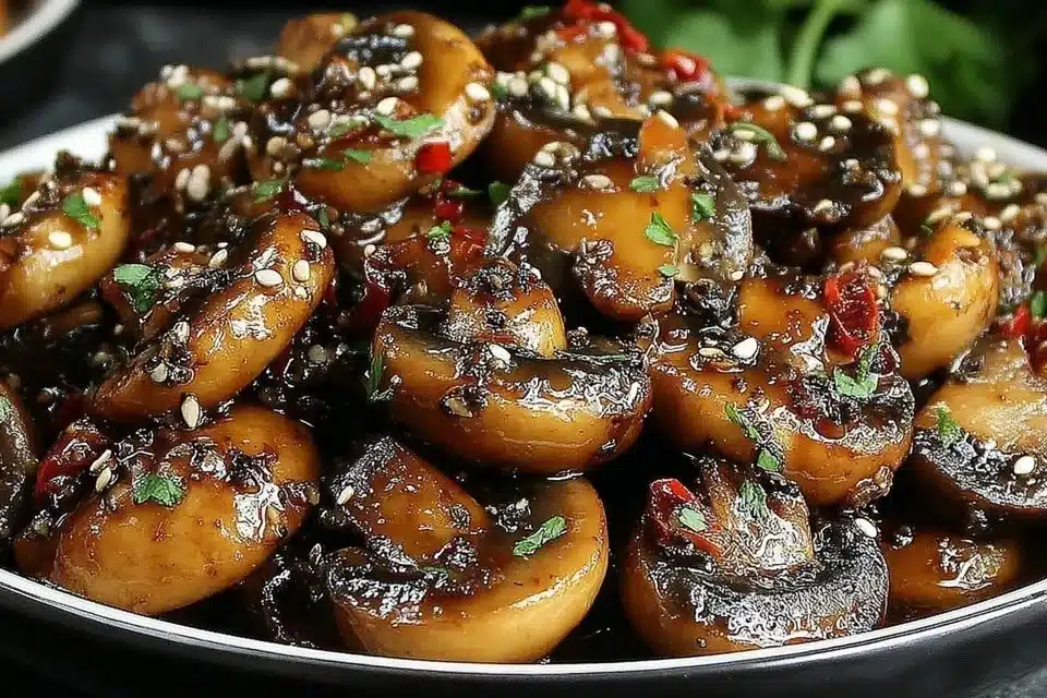 Plate of black pepper chicken with mushrooms garnished and served with rice