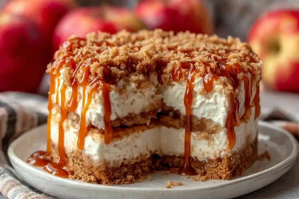 Caramel Apple Pie Cheesecake 1 Delicious caramel apple pie cheesecake topped with caramel and apple slices.
