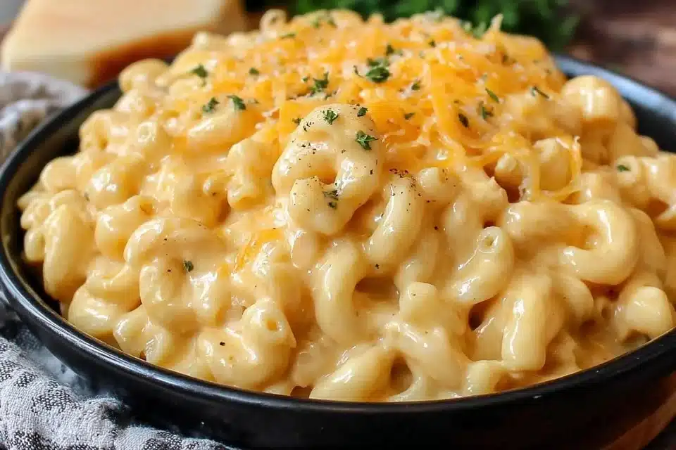 Bowl of Cheddar Garlic Herb Potato Soup topped with herbs and cheese