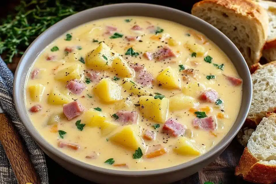Bowl of cheesy beef ham soup with potatoes, garnished with herbs.