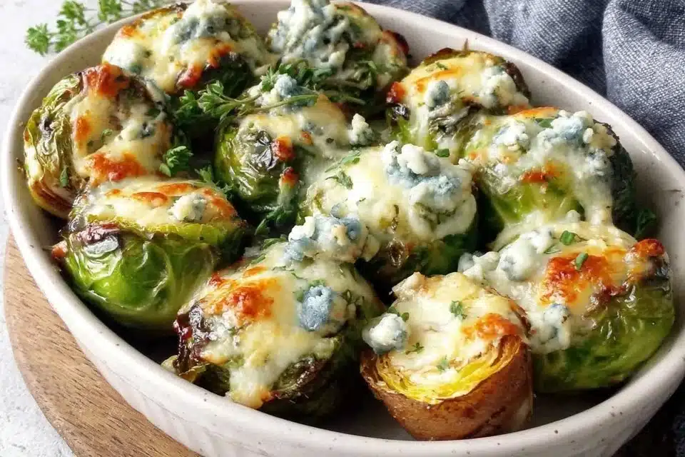 Cheesy Brussels Sprouts Gratin topped with golden, melted cheese